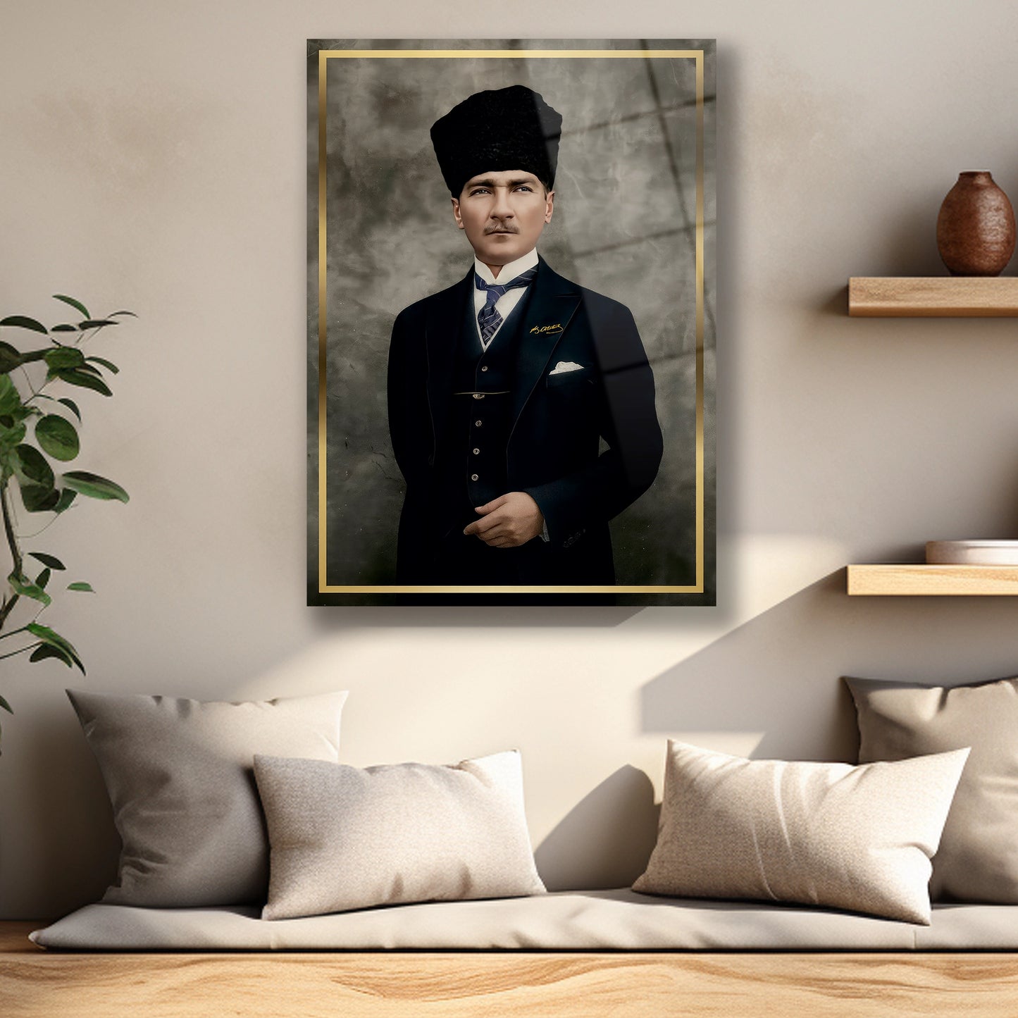 altın çerçeveli dik duruşlu  atatürk cam tablo