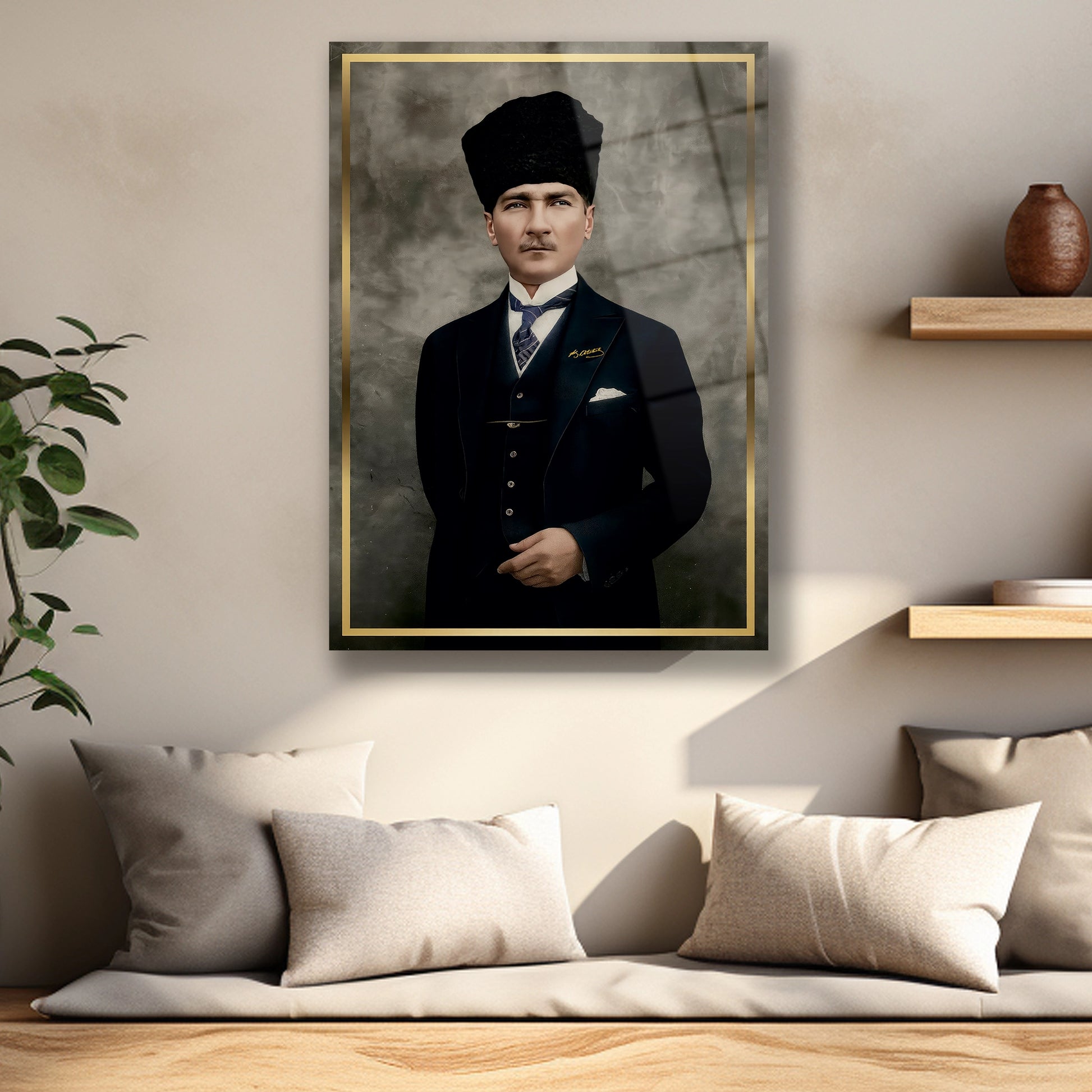 altın çerçeveli dik duruşlu  atatürk cam tablo