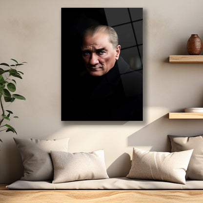 Derin ve düşündürücü bakışlarıyla Atatürk cam tablo