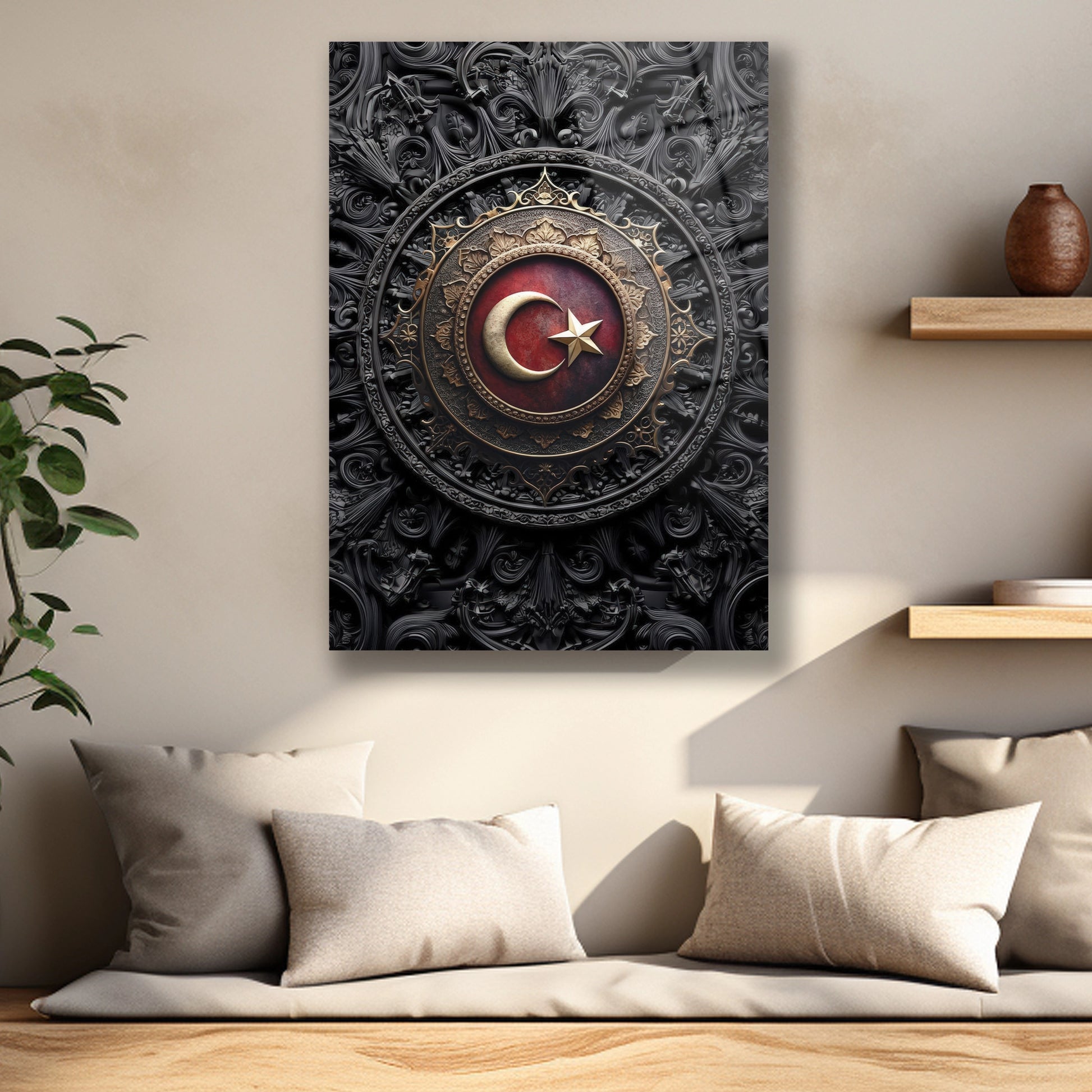 desenli türk bayrak arma cam tablo