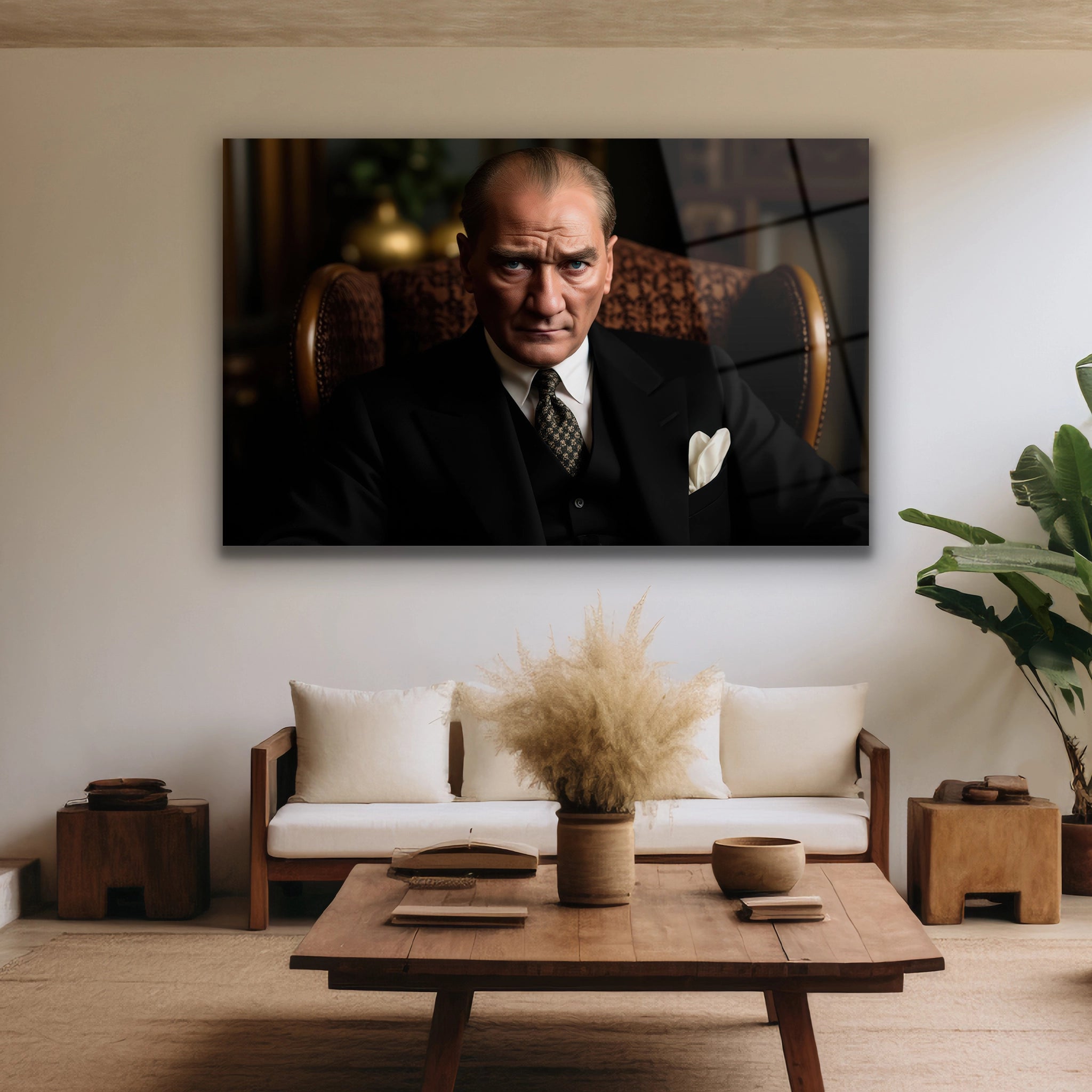 çalışma odasında oturan Atatürk cam tablo