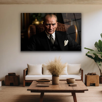 çalışma odasında oturan Atatürk cam tablo