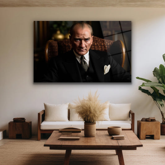 çalışma odasında oturan Atatürk cam tablo
