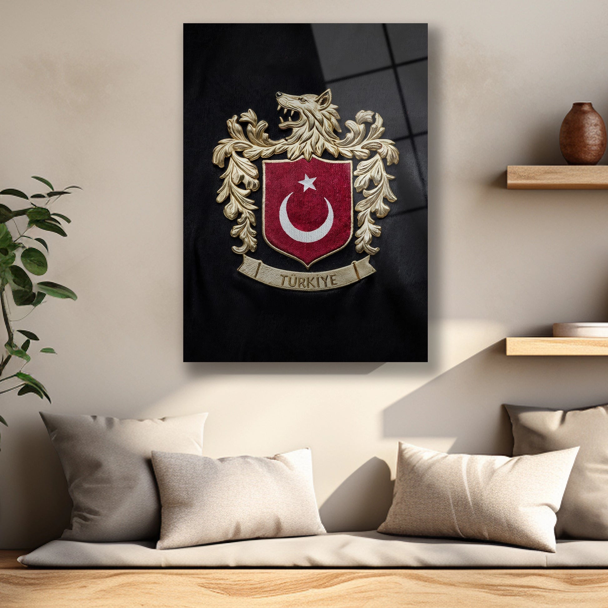 kurt ve türk bayraklı cam tablo