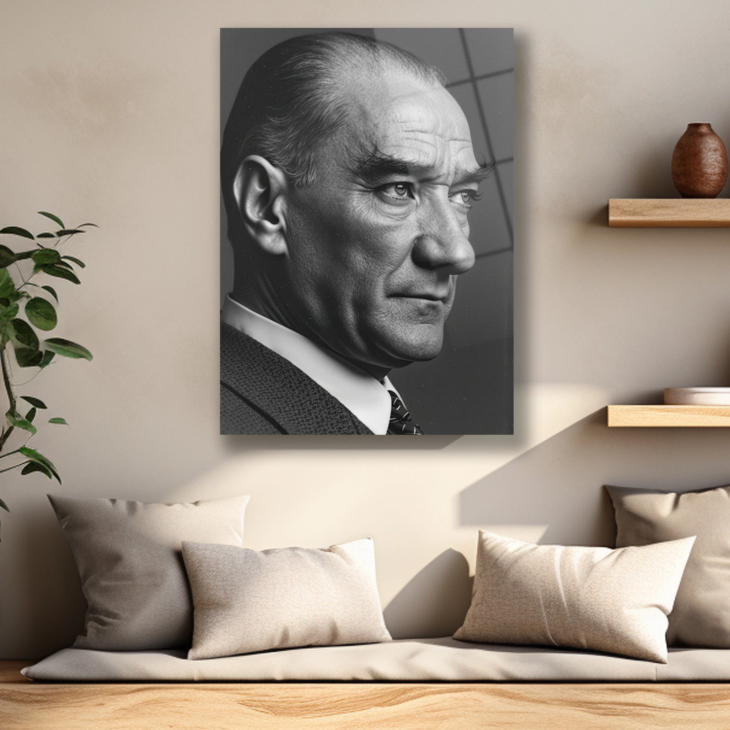 siyah beyaz yandan çekilmiş atatürk fotoğrafı cam tablo