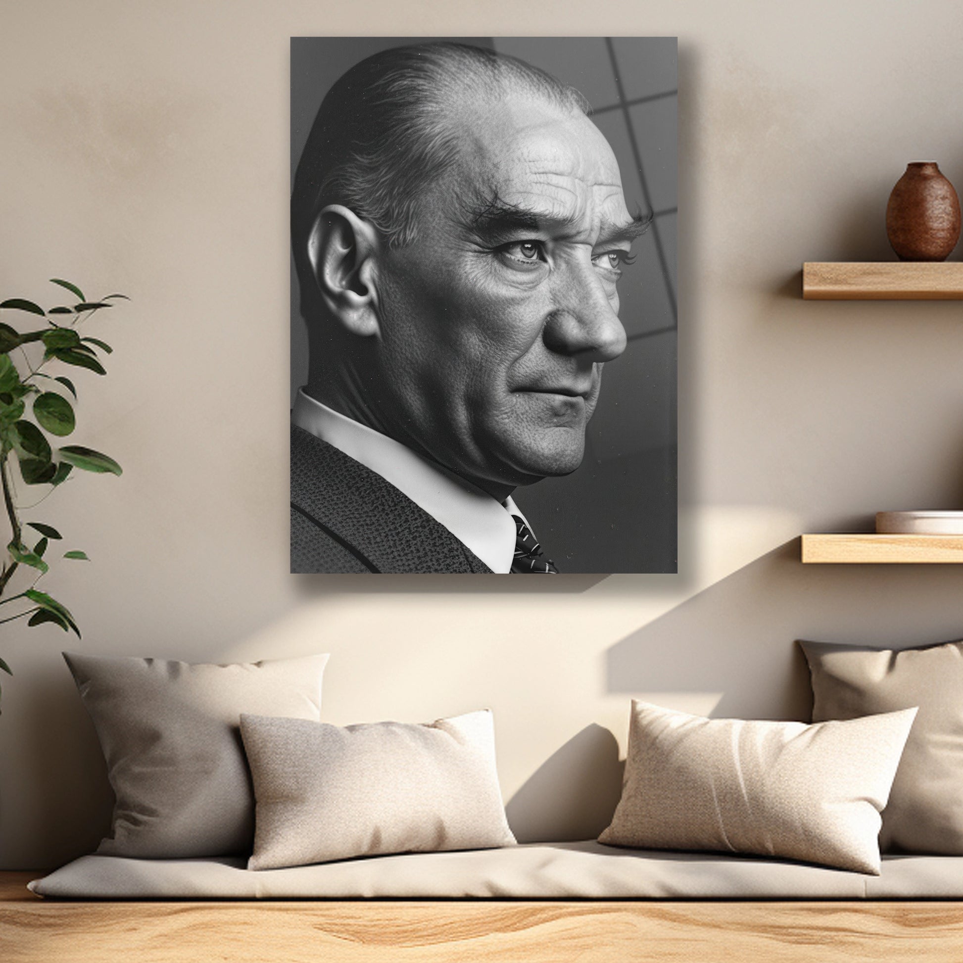 siyah beyaz yandan çekilmiş atatürk fotoğrafı cam tablo