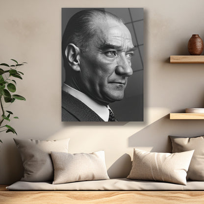 siyah beyaz yandan çekilmiş atatürk fotoğrafı cam tablo