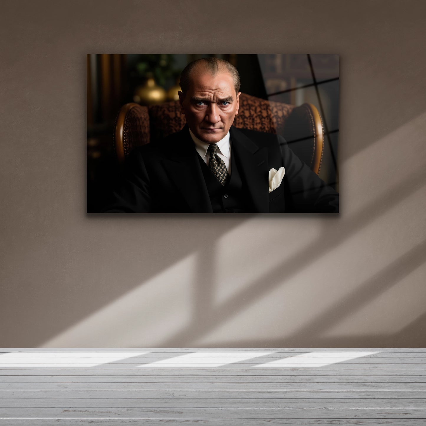 siyah takımıyla oturan atatürk cam tablo