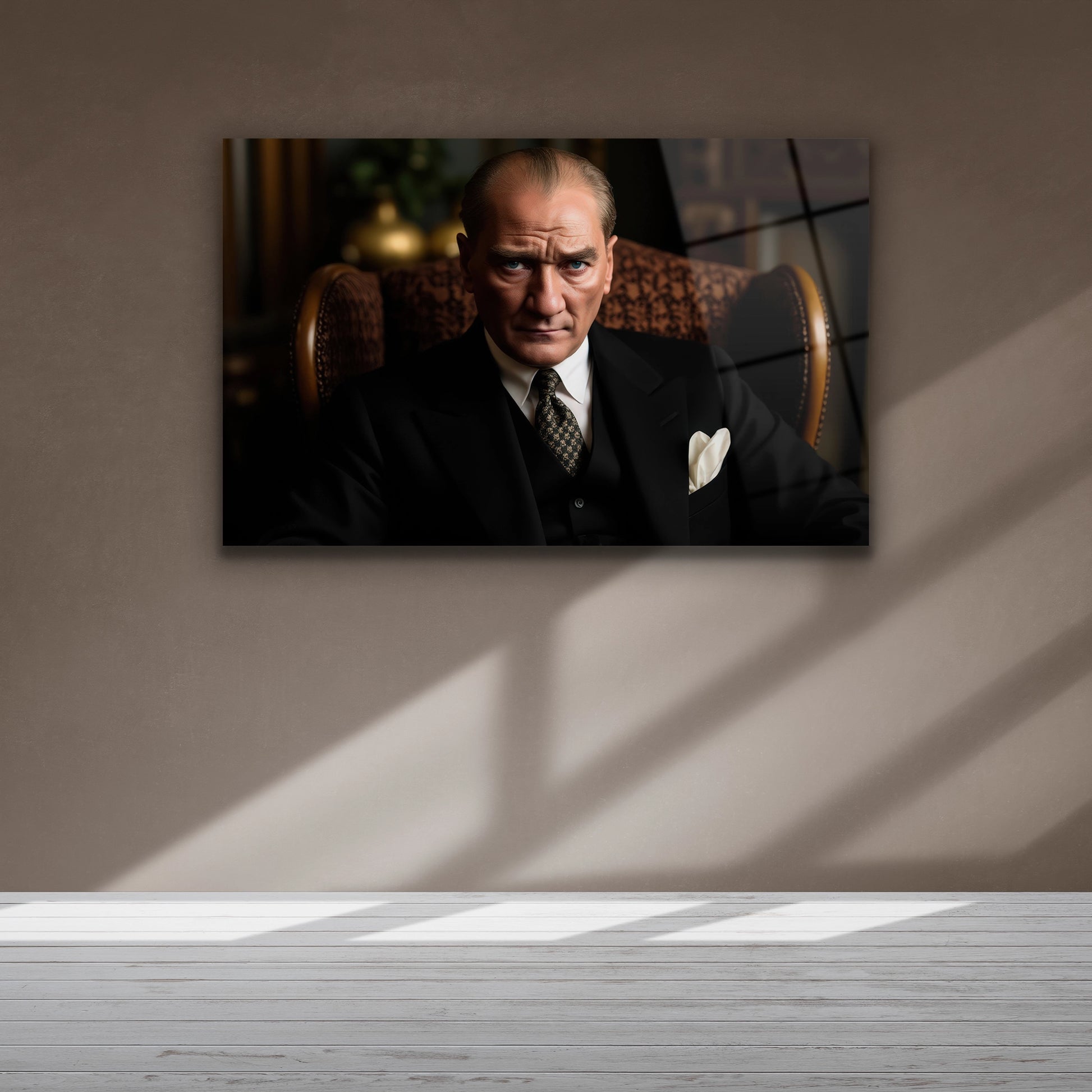 siyah takımıyla oturan atatürk cam tablo