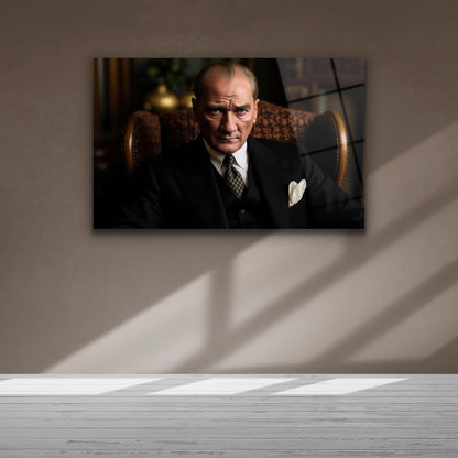 siyah takımıyla oturan atatürk cam tablo