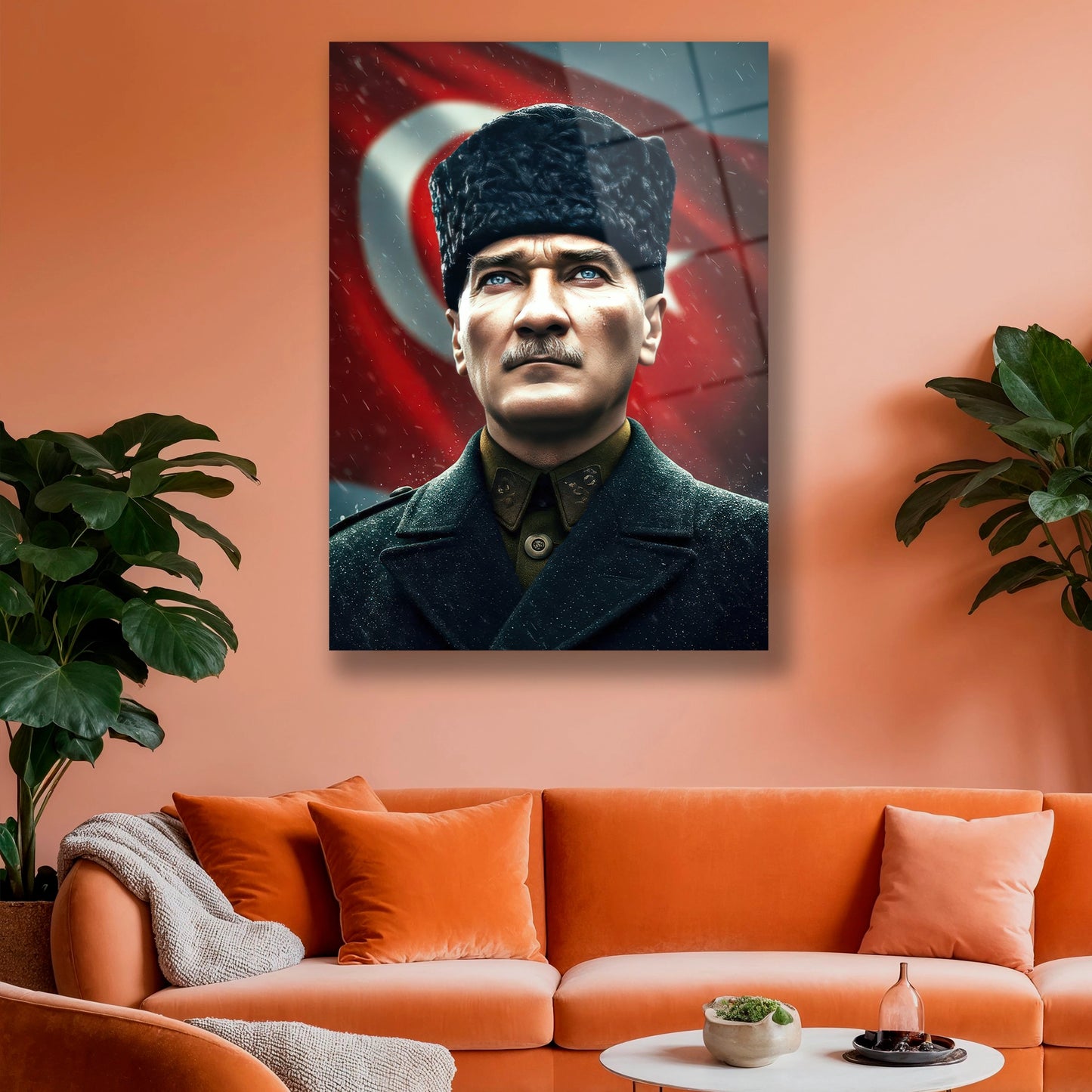 dalgalanan bayrak önünde atatürk cam tablo