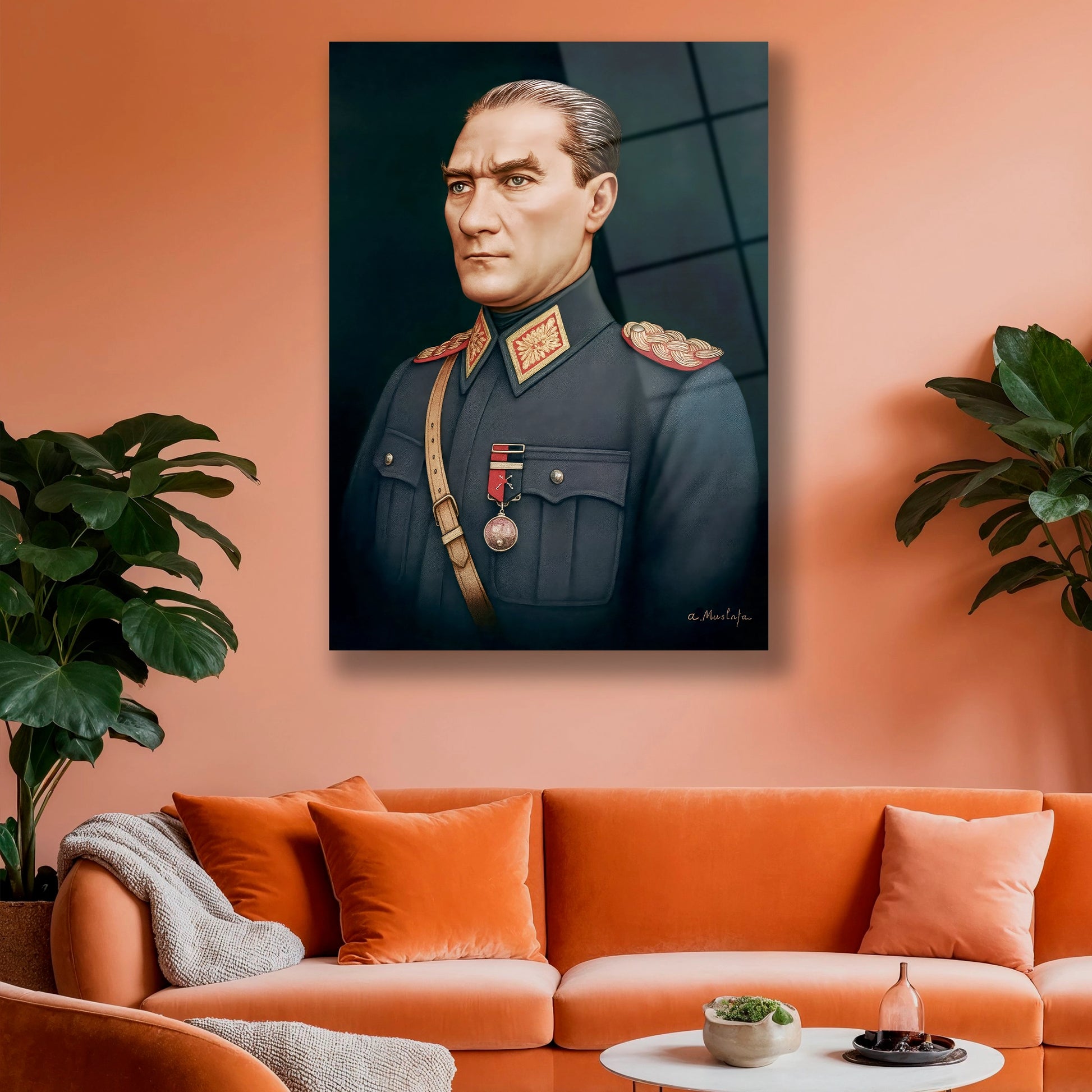 yapay zeka  askeri üniformalı atatürk cam tablo