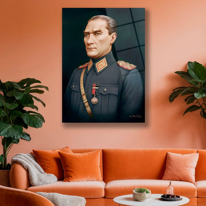 yapay zeka  askeri üniformalı atatürk cam tablo