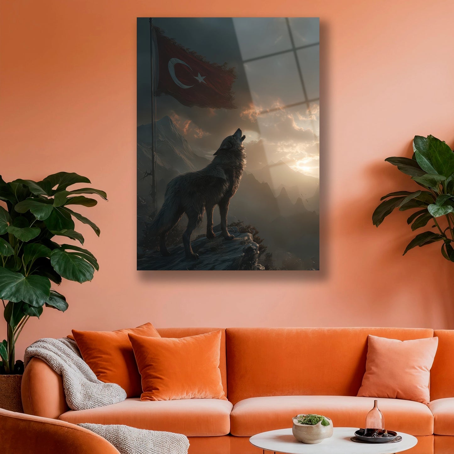 türk bayraklı uluyan kurt cam tablo