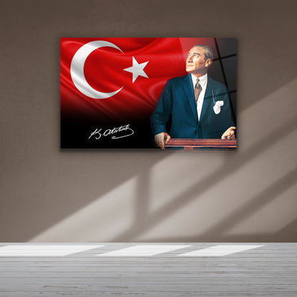atatürk ve imzalı cam tablo