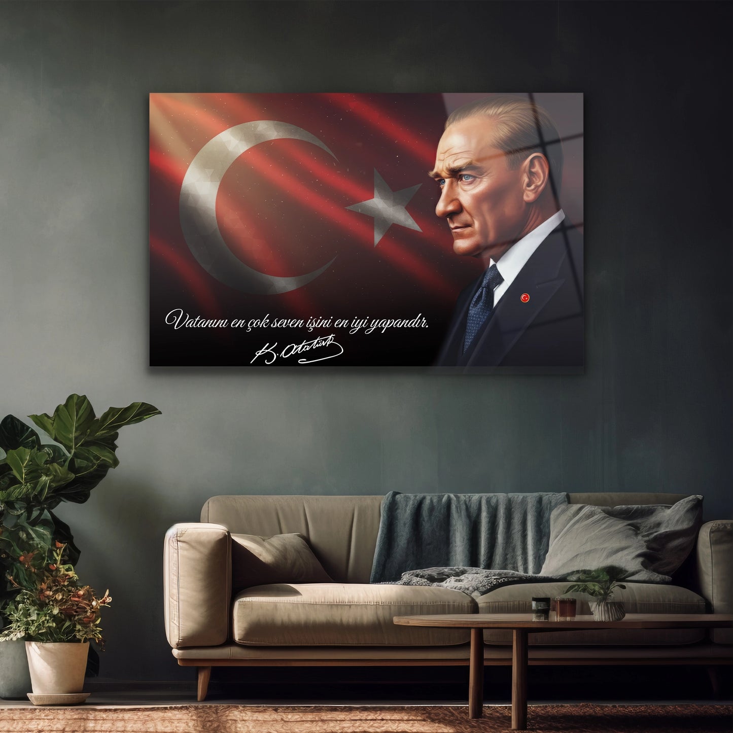 vatanını en çok seven işini en iyi yapandır bayraklı atatürk cam tablo