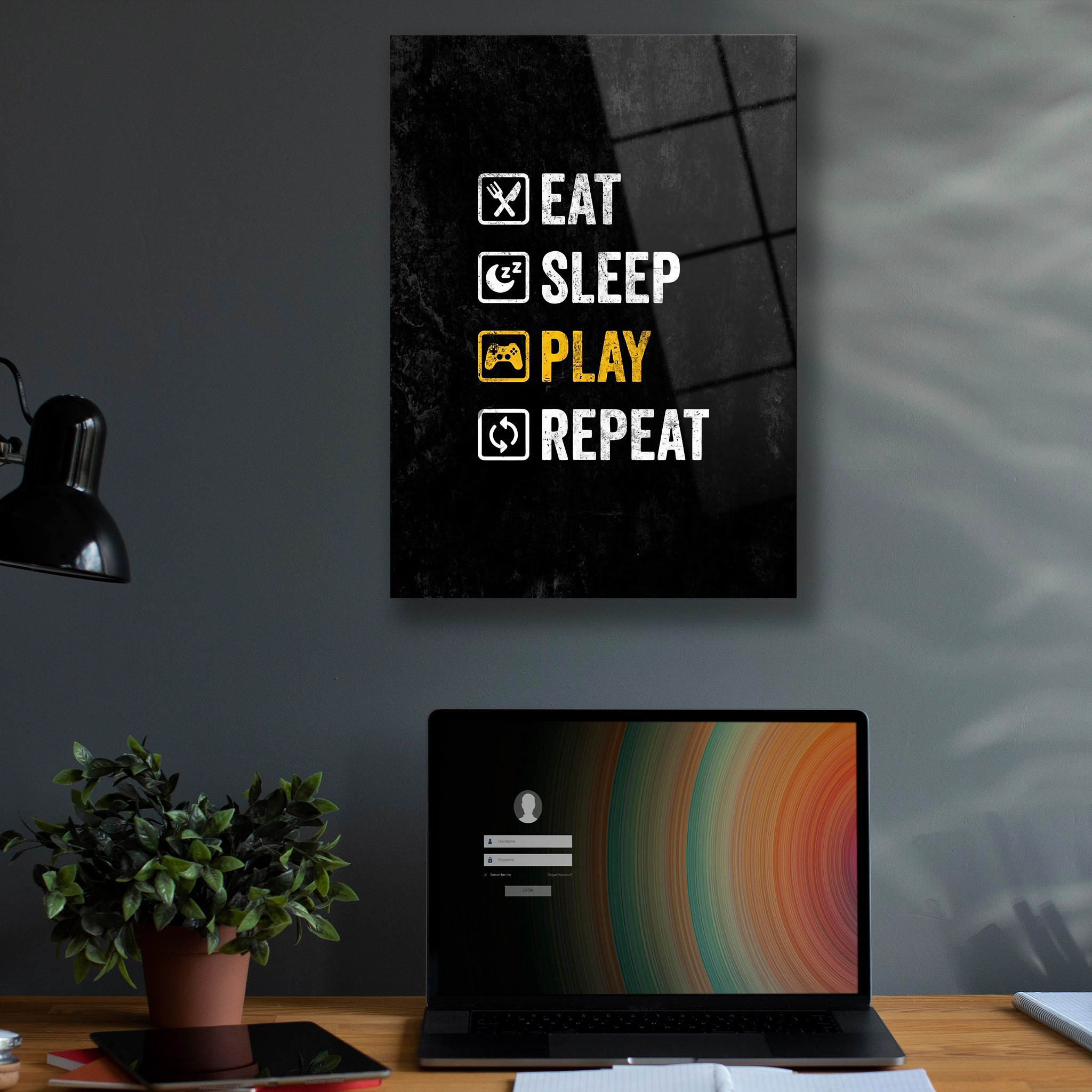 eat sleep play repeat yazılı cam tablo