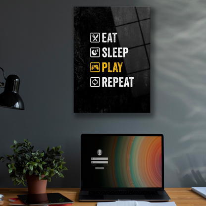 eat sleep play repeat yazılı cam tablo