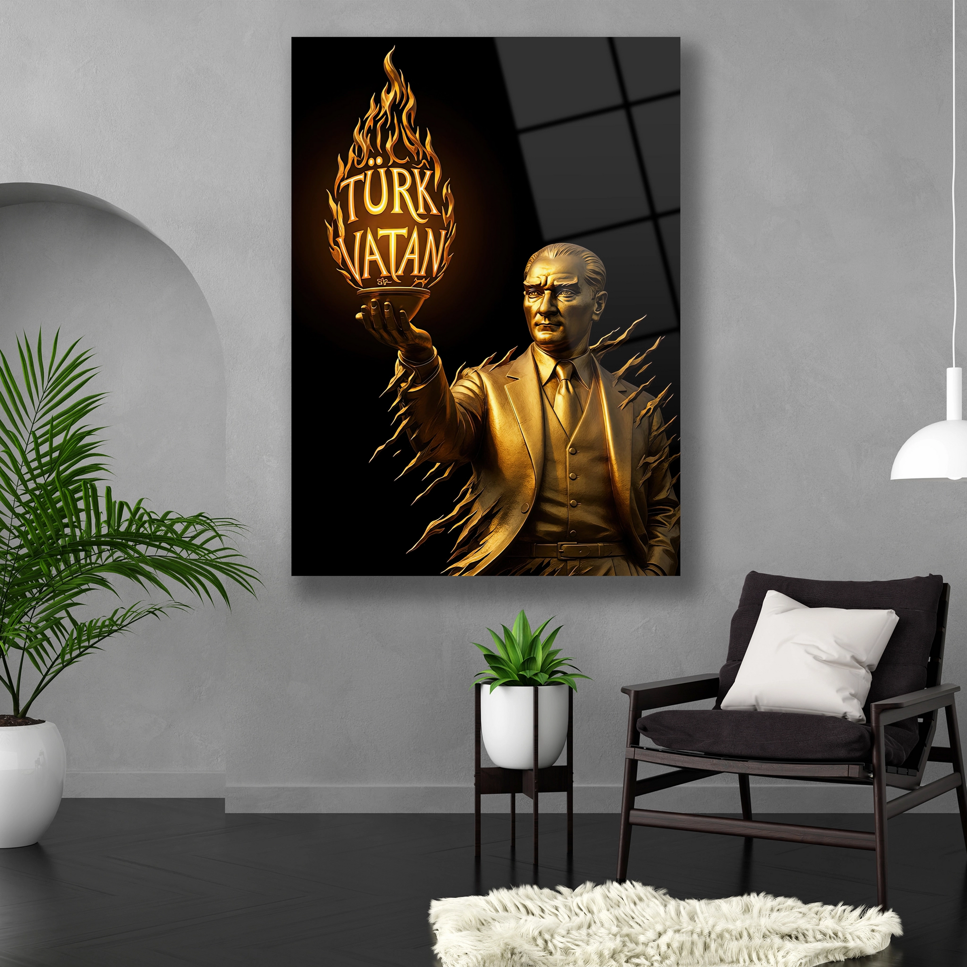 vatan aşkın elinde tutan atatürk heykei cam tablo