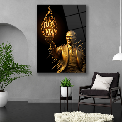 vatan aşkın elinde tutan atatürk heykei cam tablo