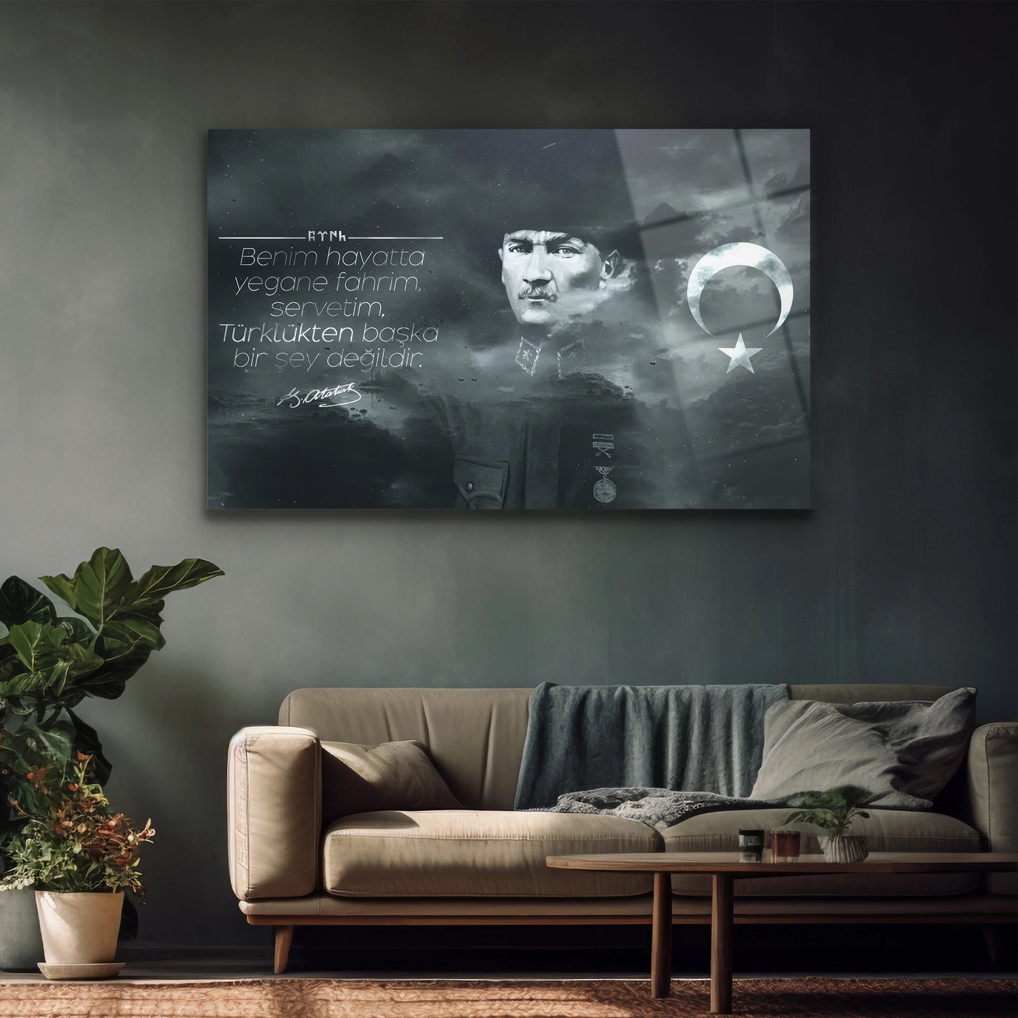 atatürk ve imzası olan cam tablo