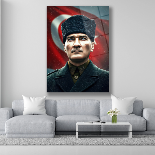 Atatürk silüeti, Türk bayrağı fonunda cam tablo