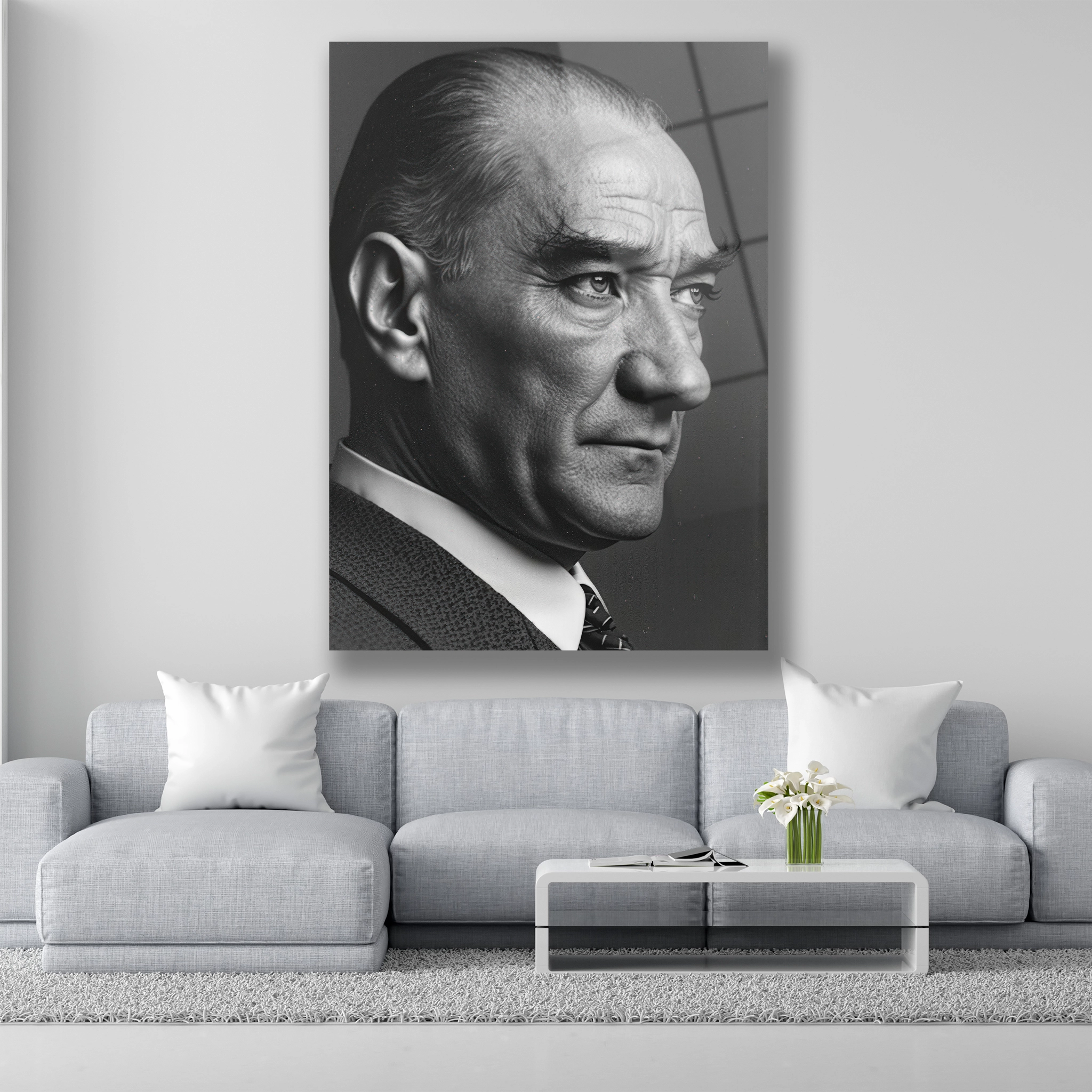 yorgun bakışlı Atatürk portesi cam tablo