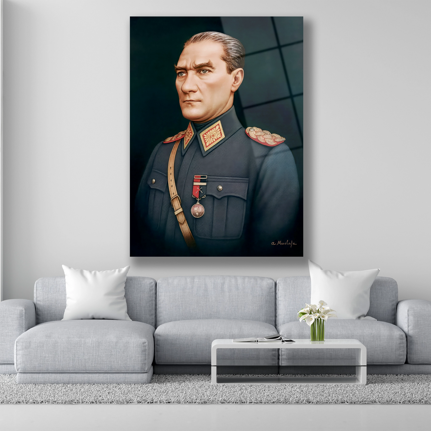 askeri kıyafetli atatürk cam tablo