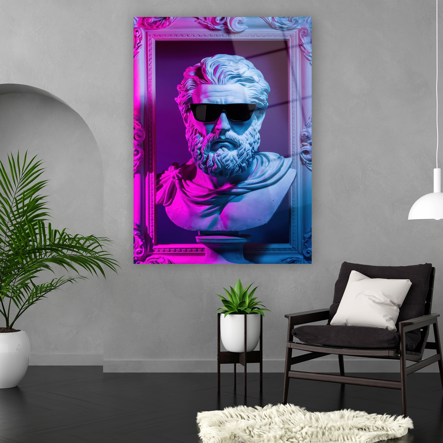 güneş gözlüklü yunan heykeli ve neon ışıklar cam tablo