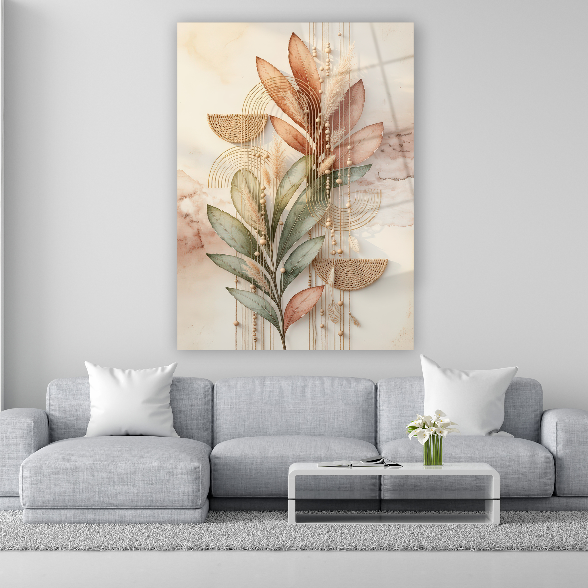 pastel tonlu botanik duvar dekoru makrome detaylı