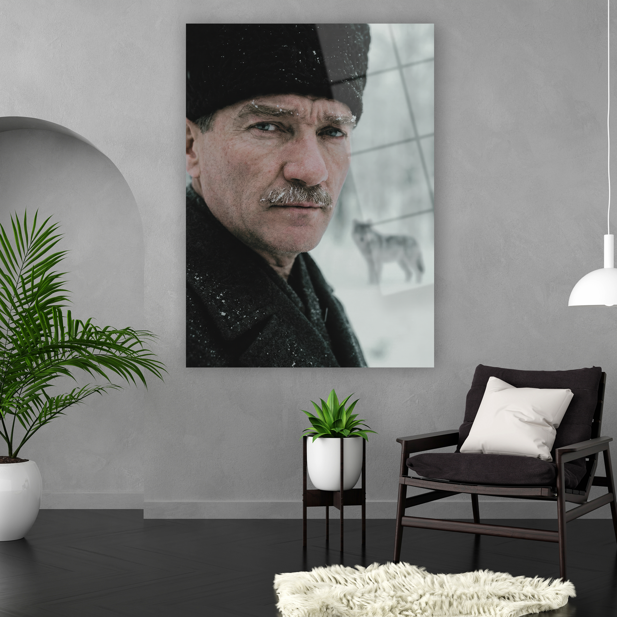 kar taneli yüz detayı atatürk ve kurt duvar sanatı