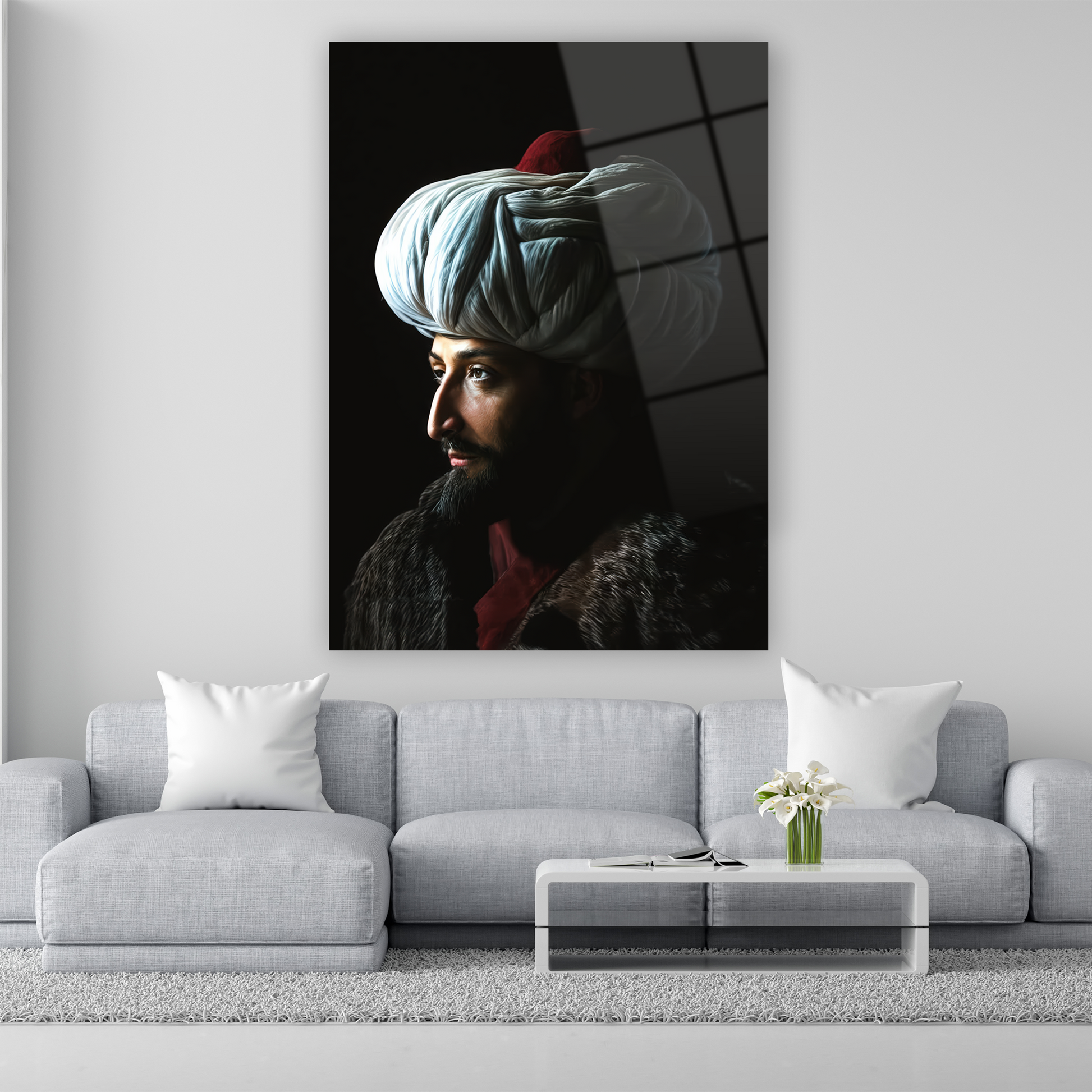 siyah zemin üzerine hiper gerçekçi osmanlı padişahı portresi cam tablo