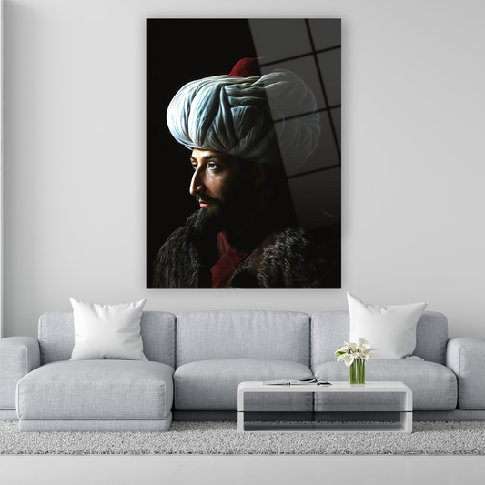siyah zemin üzerine hiper gerçekçi osmanlı padişahı portresi cam tablo