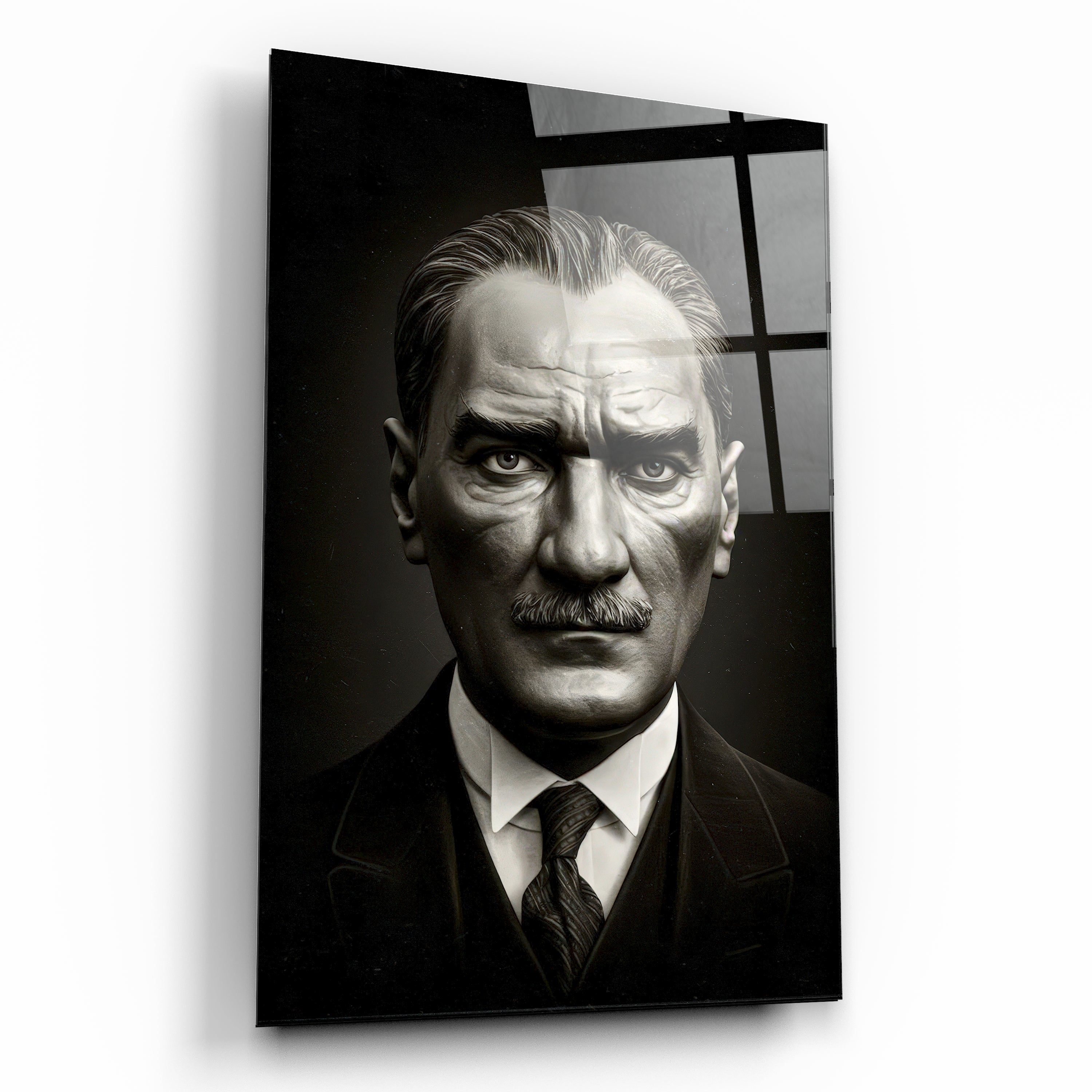 Hiper Gerçekçi Siyah Beyaz Atatürk Portresi Cam Tablo
