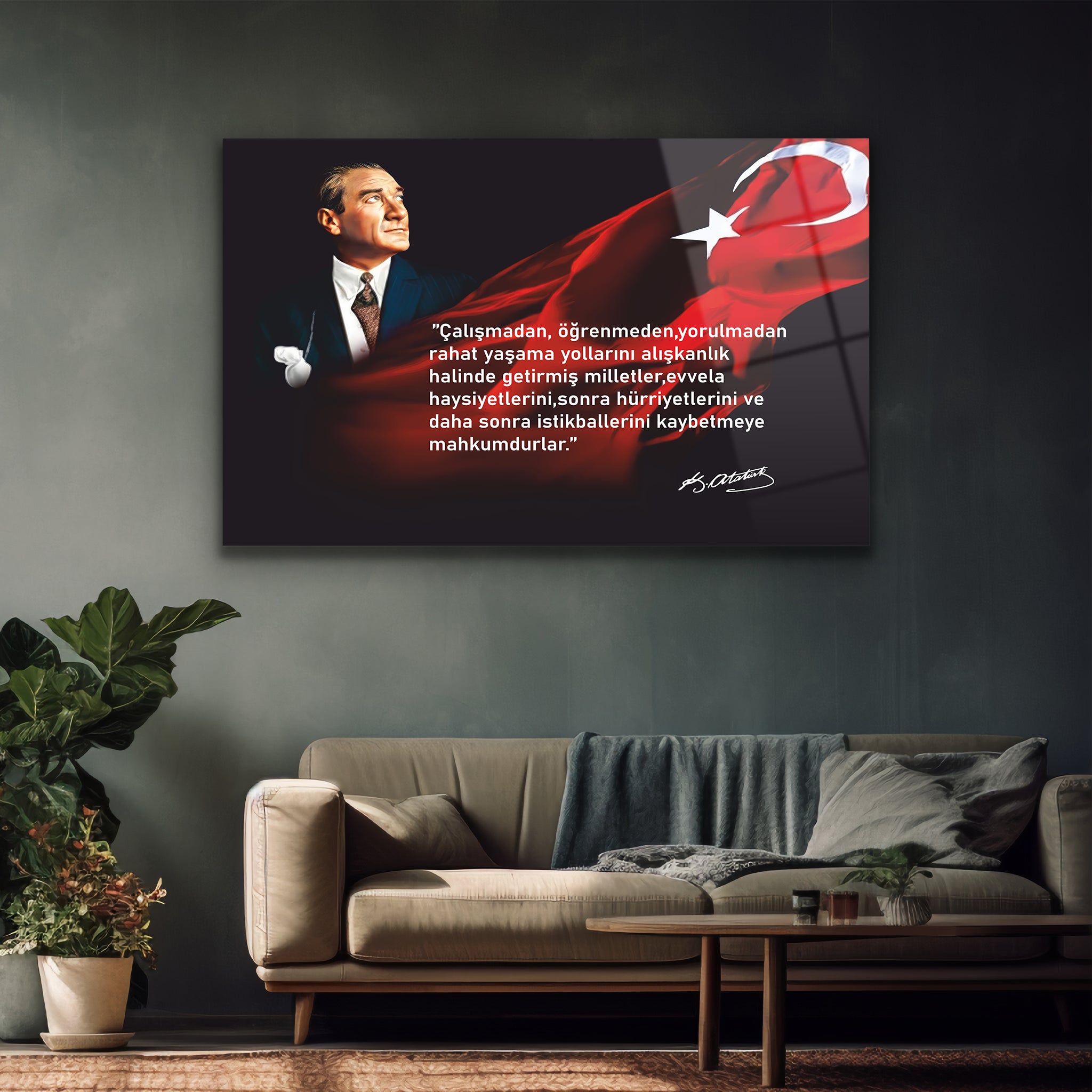 ofis ve çalışma odası için ufuk açan atatürk sözü lüks tablo