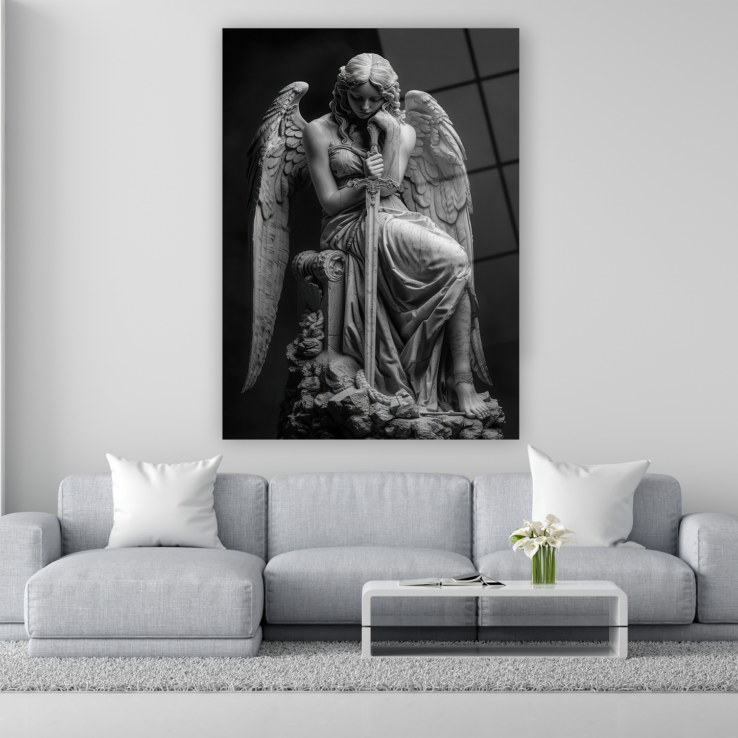 kılıcına yaslanan hüzünlü melek heykeli cam tablo