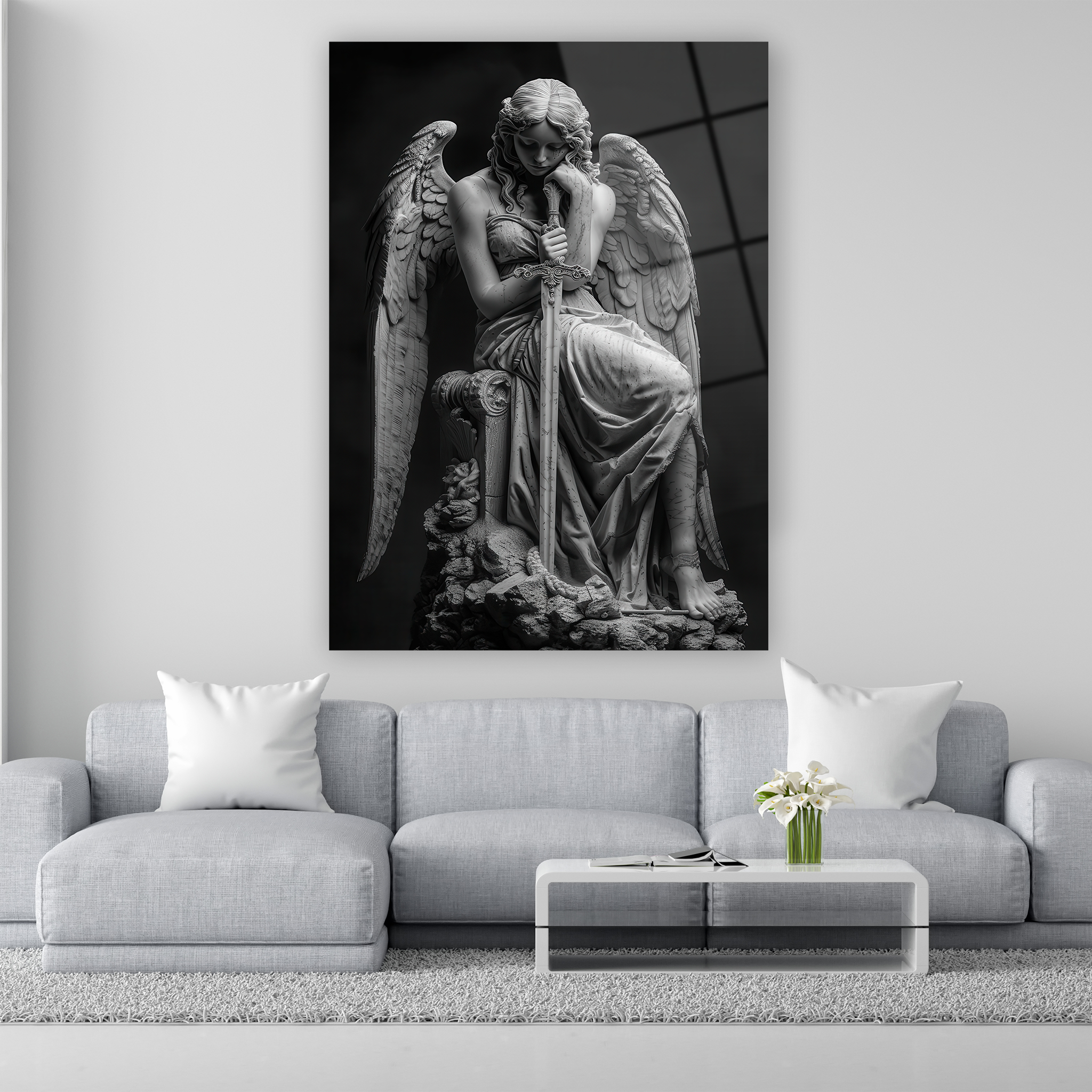 kılıcına yaslanan hüzünlü melek heykeli cam tablo