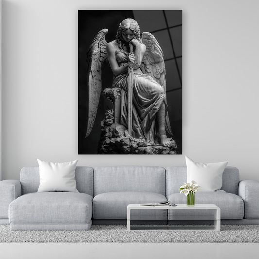 kılıcına yaslanan hüzünlü melek heykeli cam tablo