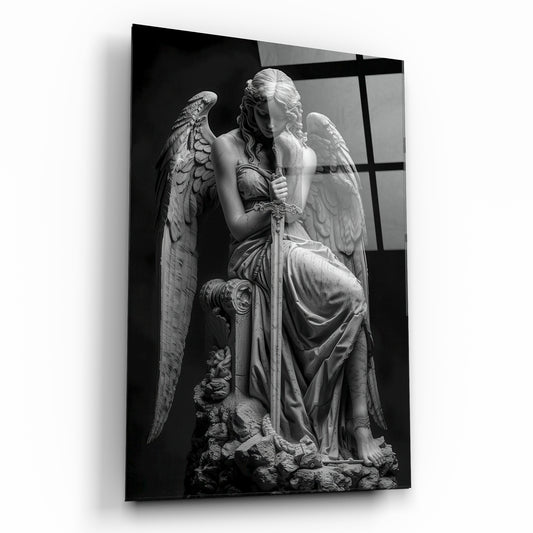 Hüzünlü Savaşçı Melek ve Kılıç Heykeli Cam Tablo
