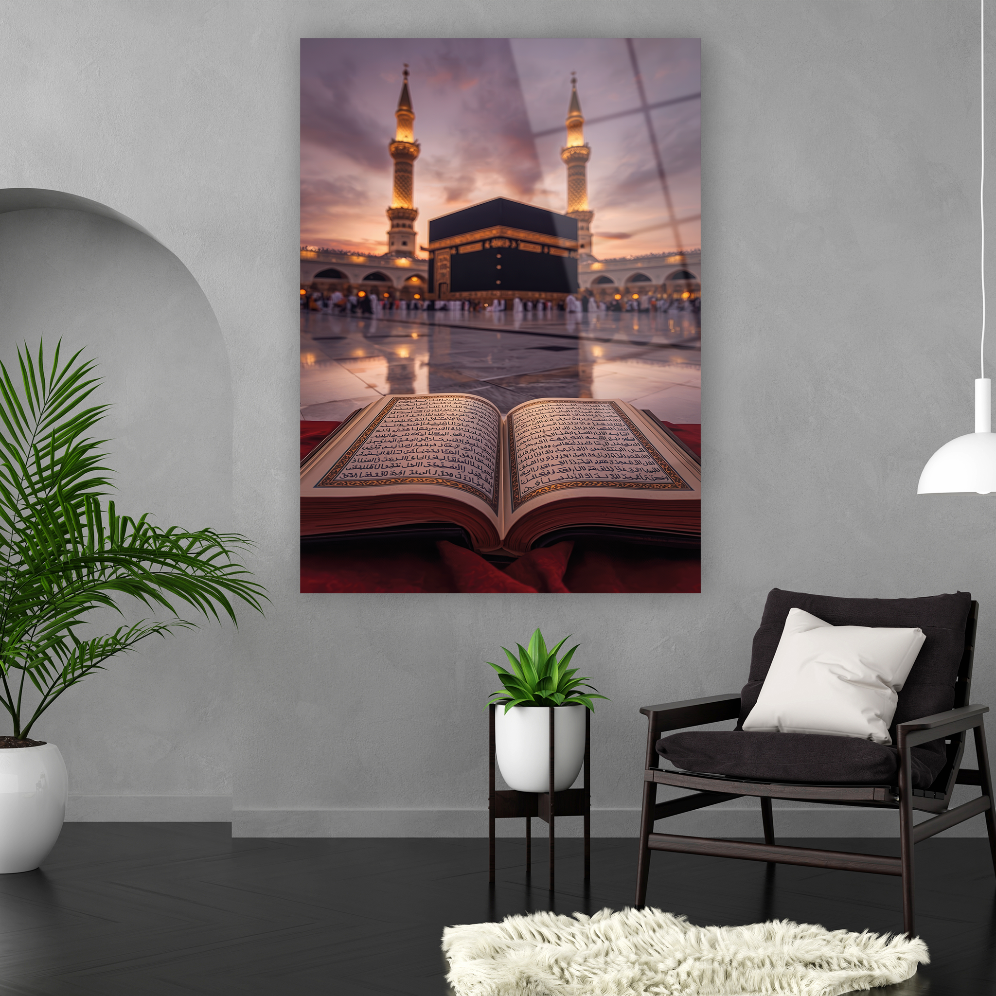 açık kuran ve kabe yansımalı dini cam tablo tasarımı