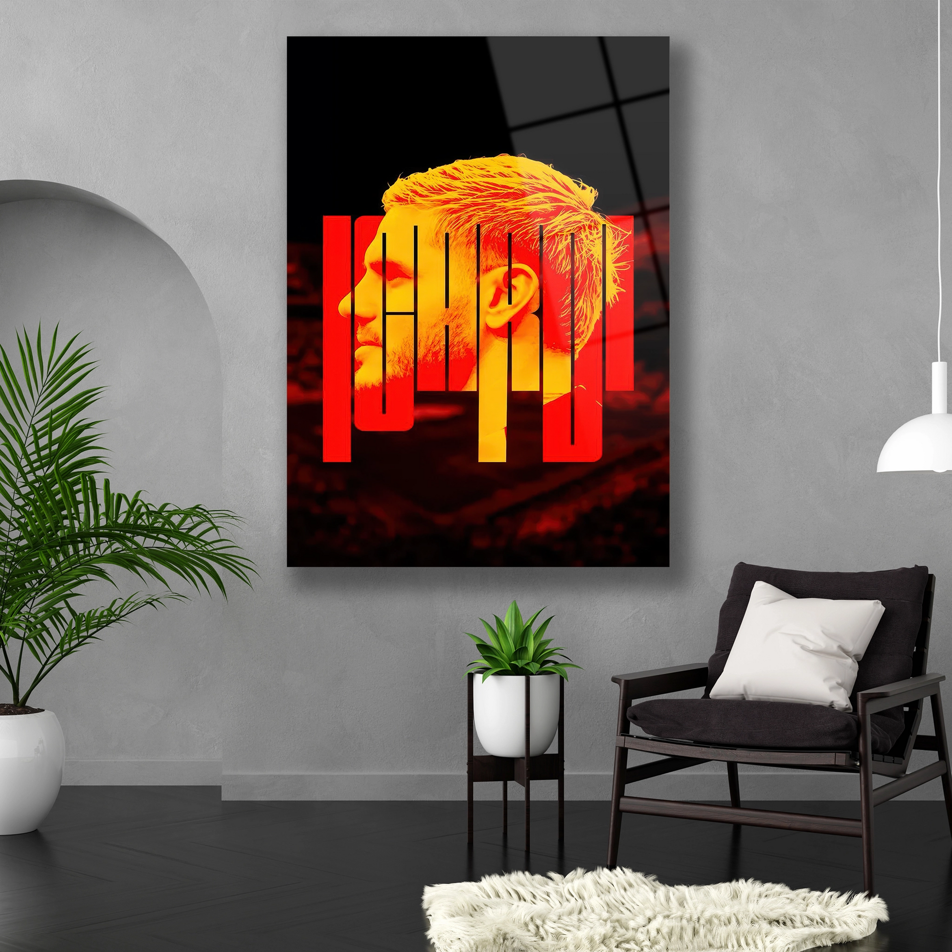 Siyah arka planlı sanatsal Icardi cam tablo baskısı