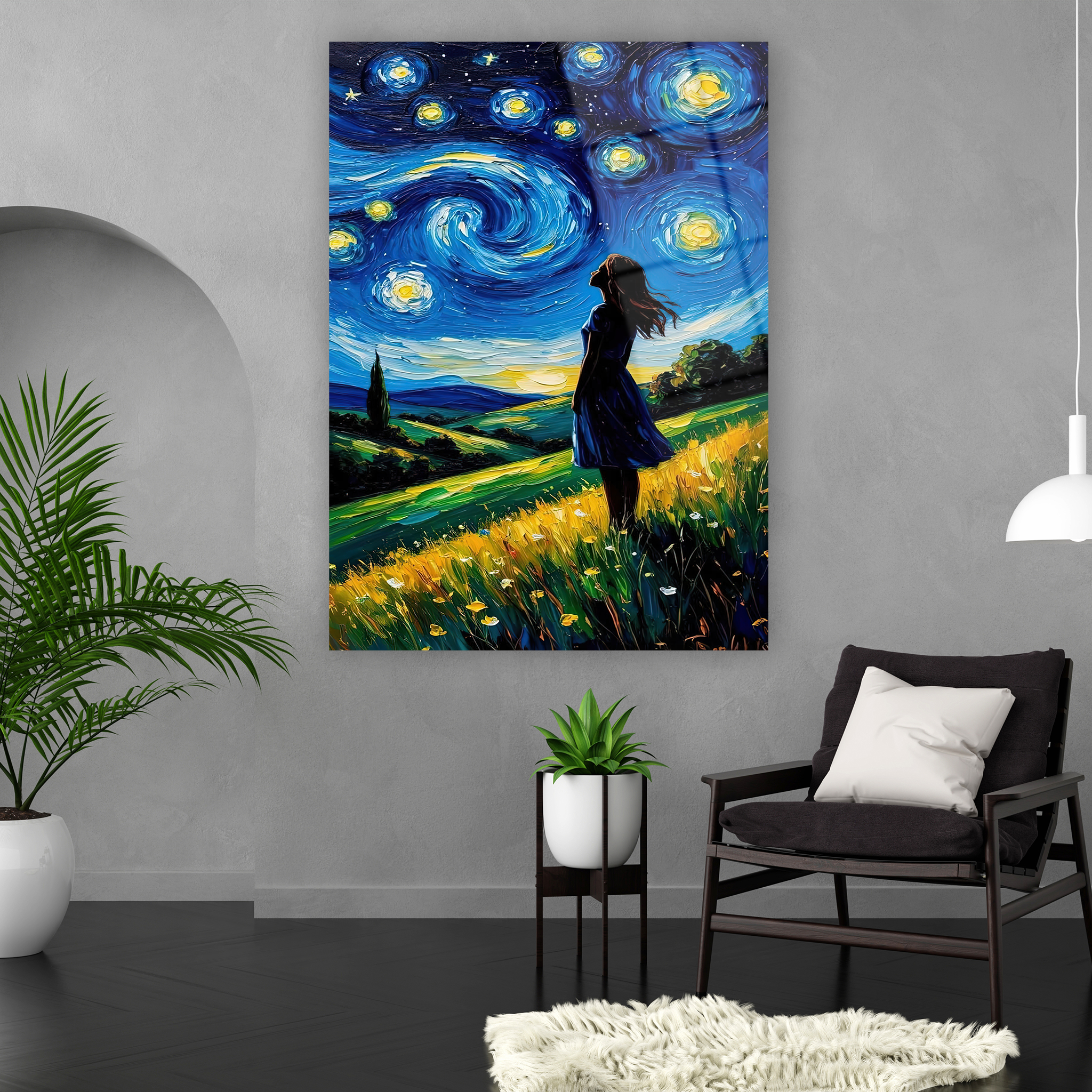 impasto tekniği görünümlü yıldızlı gece cam sanatı tasarımı