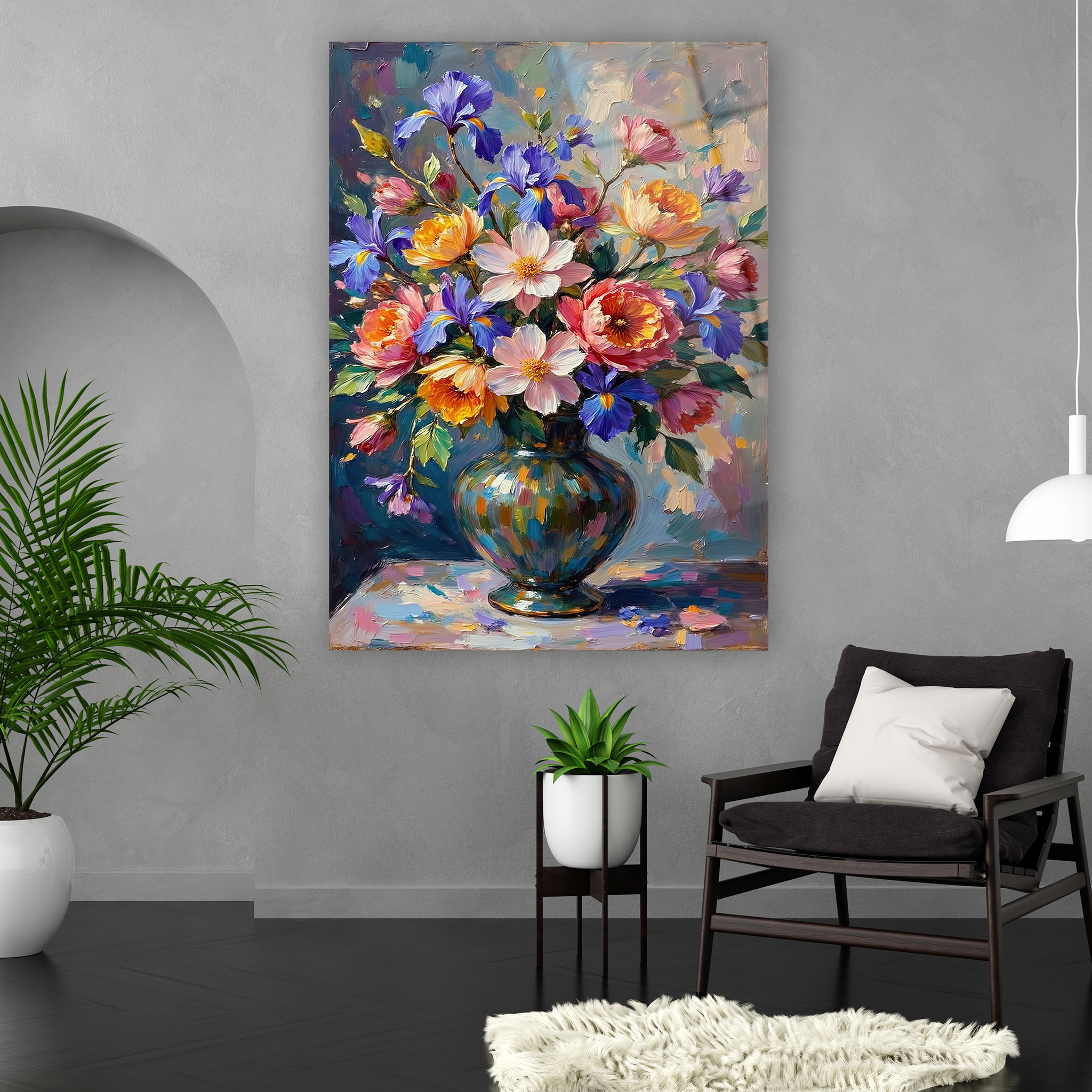 impasto tekniği görünümlü bahar çiçekleri cam sanatı tasarımı