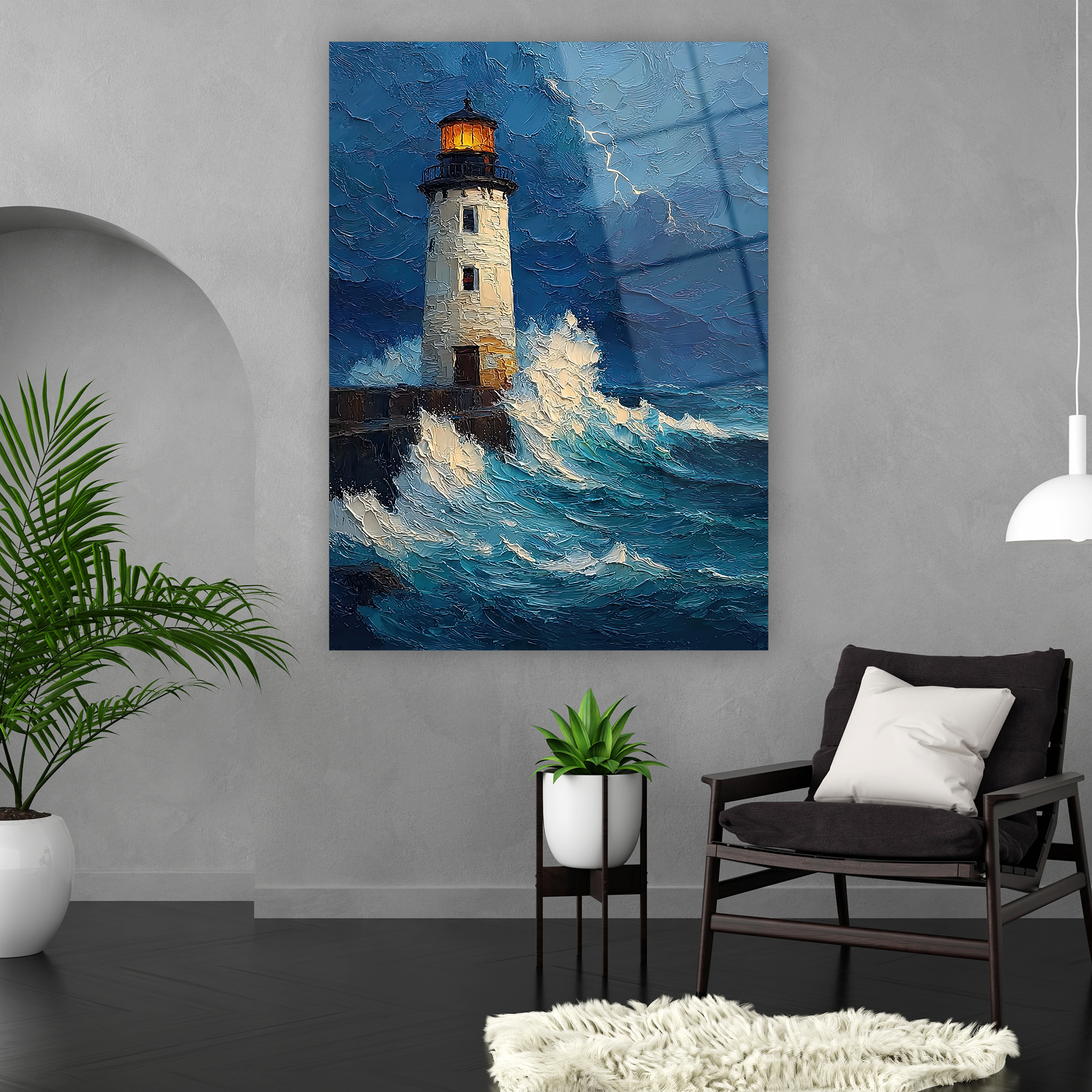 impasto tekniği görünümlü fırtınalı deniz cam sanatı tasarımı
