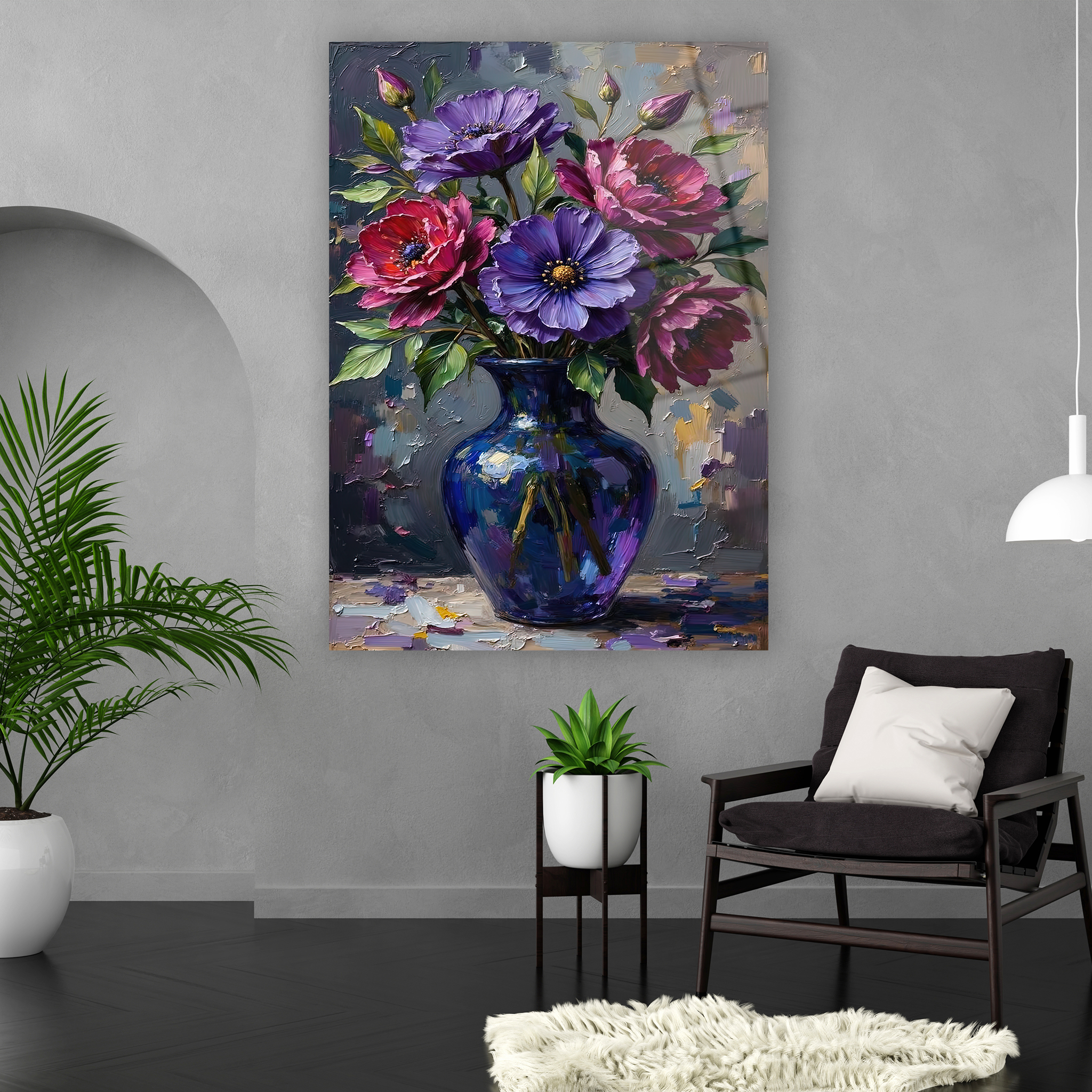 impasto tekniği görünümlü gizemli çiçek cam sanatı tasarımı