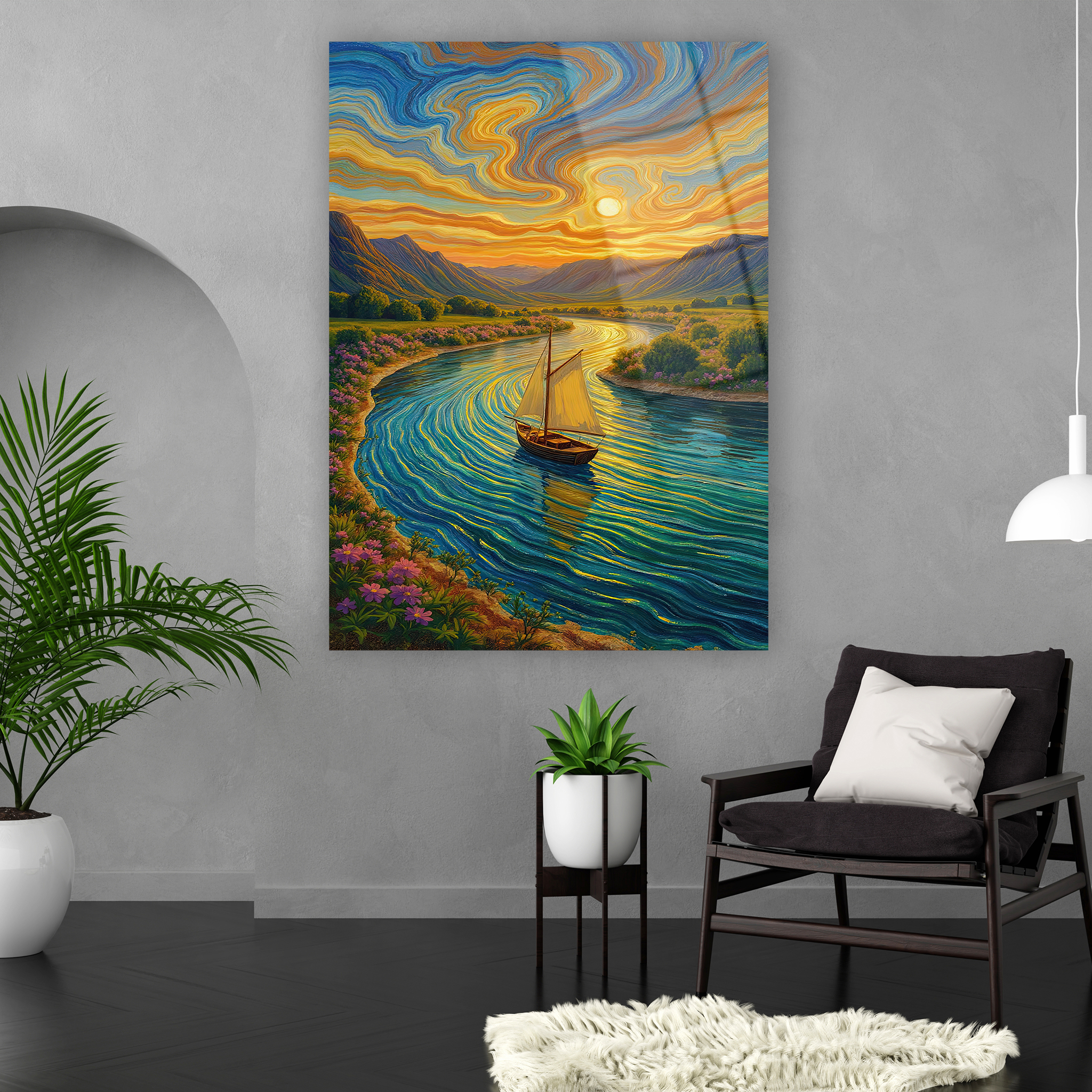 impasto tekniği görünümlü gün batımı yelkenli cam sanatı tasarımı