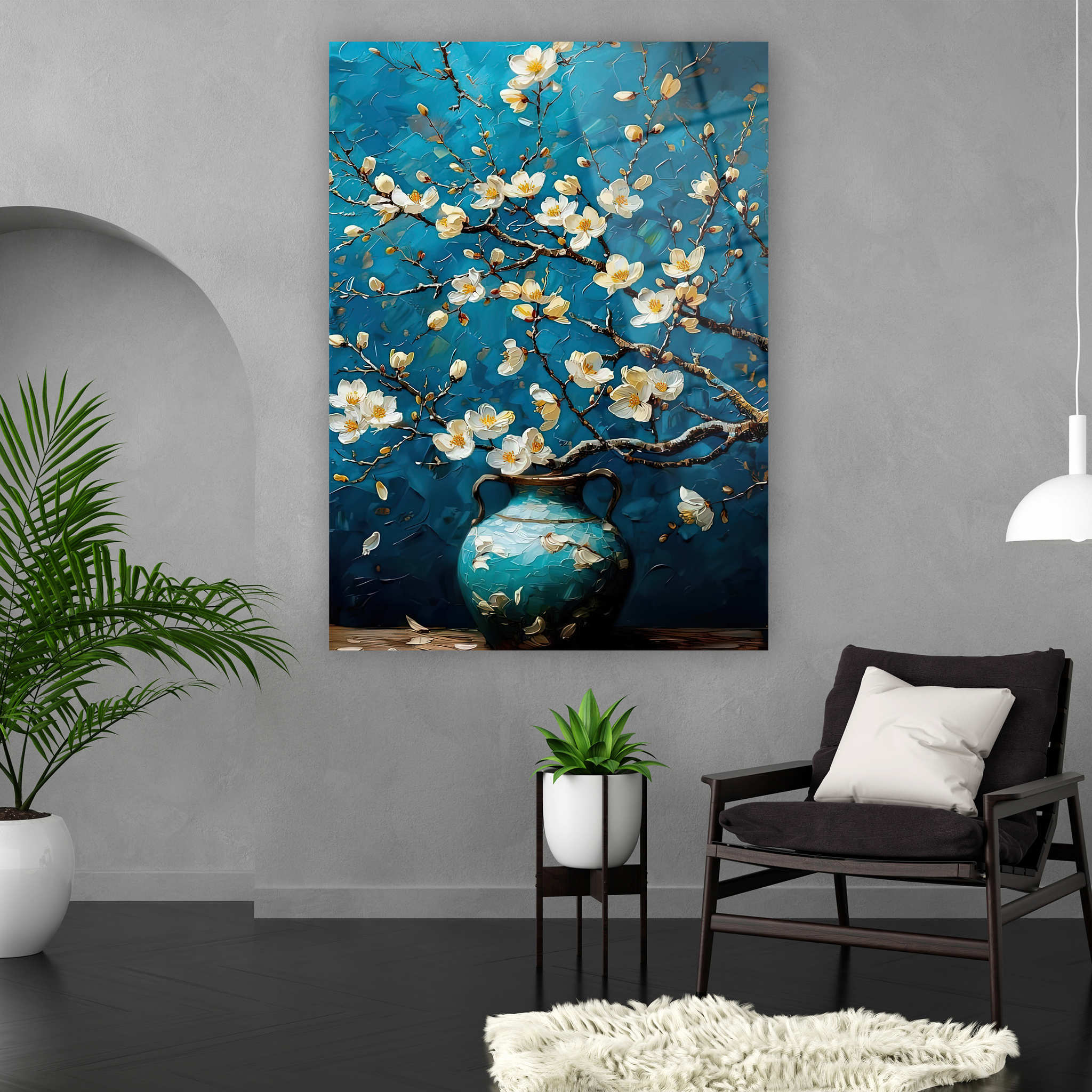 impasto tekniği görünümlü badem çiçekleri cam sanatı