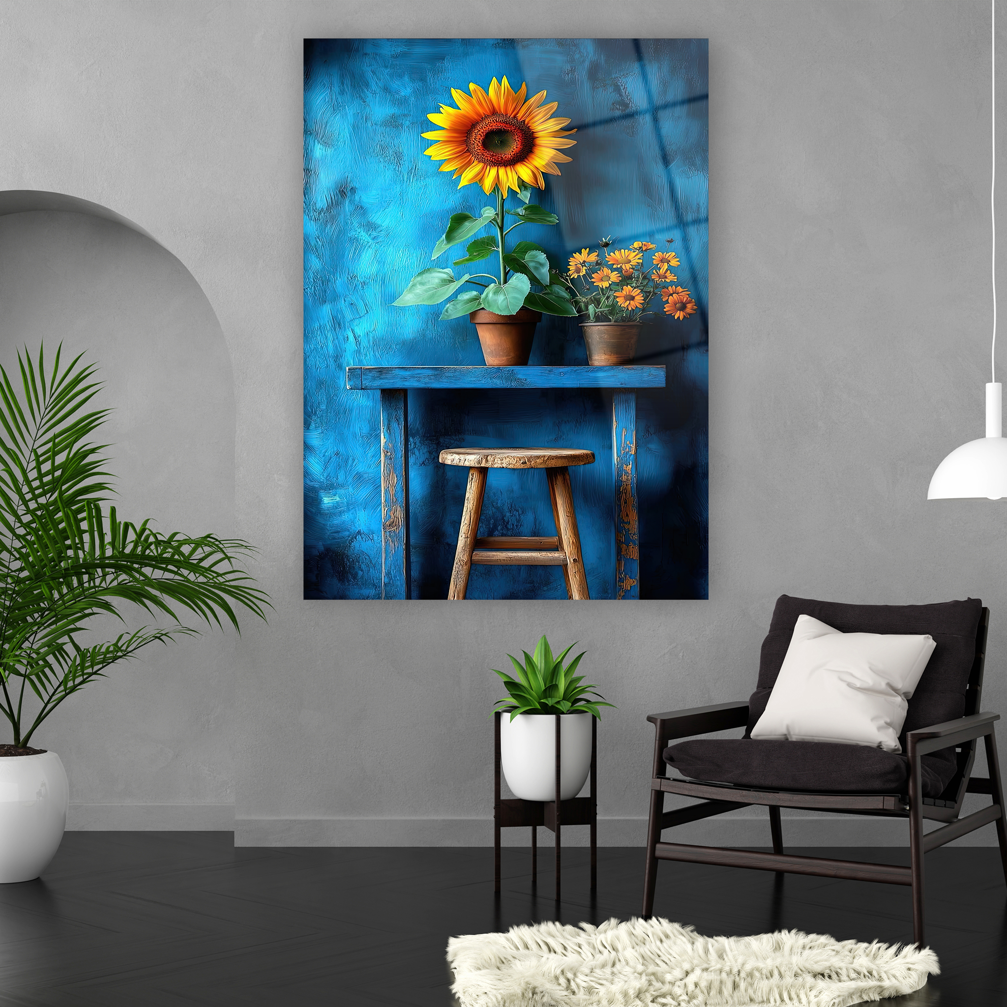 impasto tekniği görünümlü ahşap masa ve tabure cam sanatı