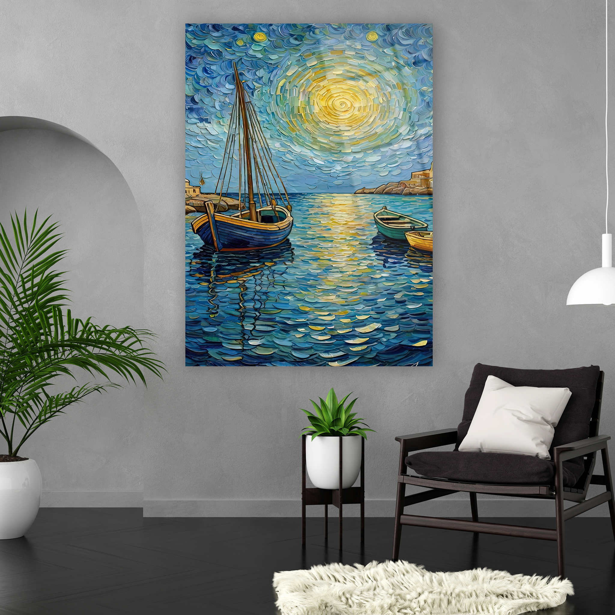 impasto tekniği görünümlü mehtaplı liman cam sanatı tasarımı