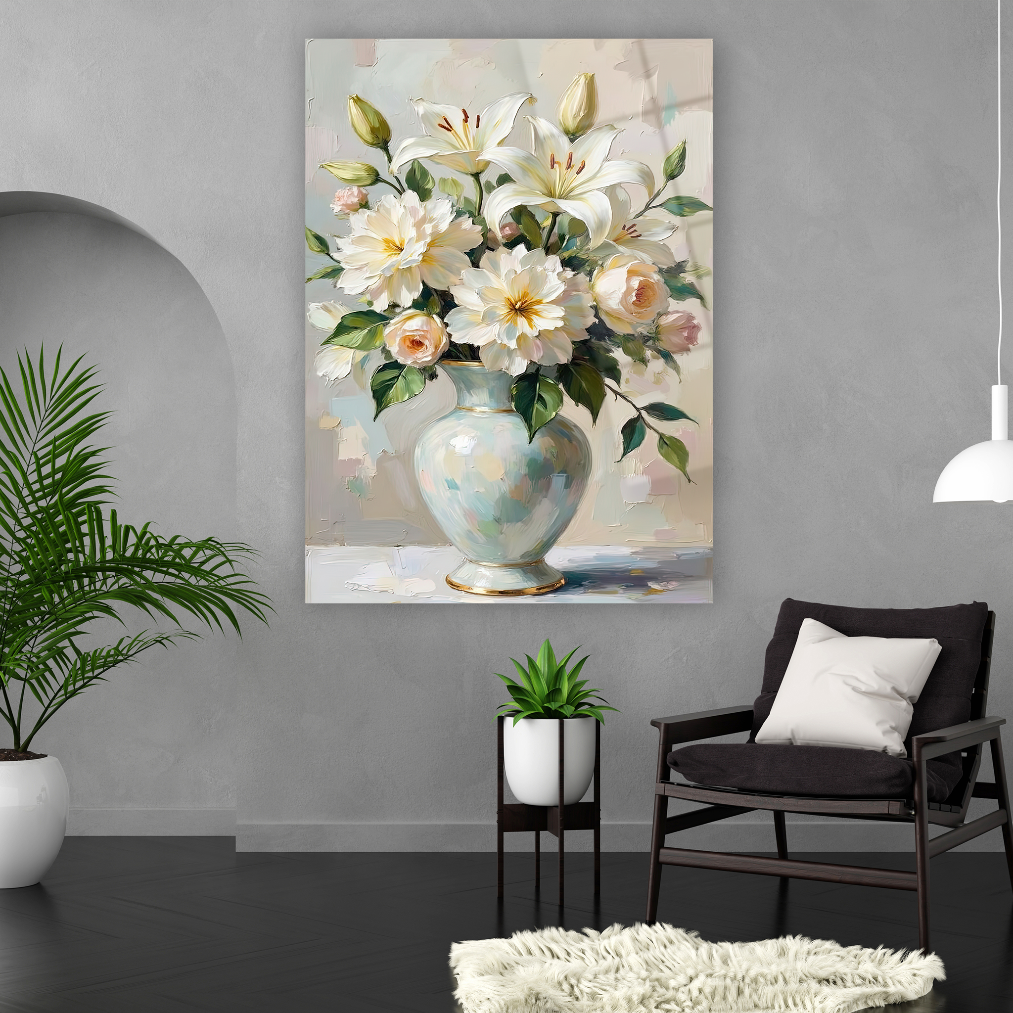 impasto tekniği görünümlü klasik çiçek cam sanatı tasarımı